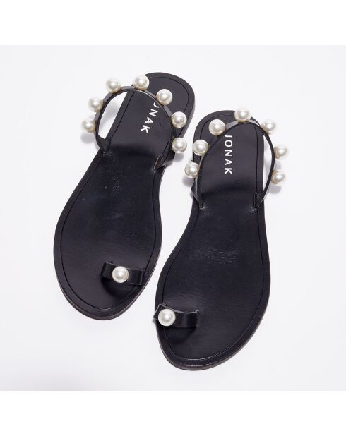 Flache Pantoletten aus Wattelleder mit schwarzen Perlen