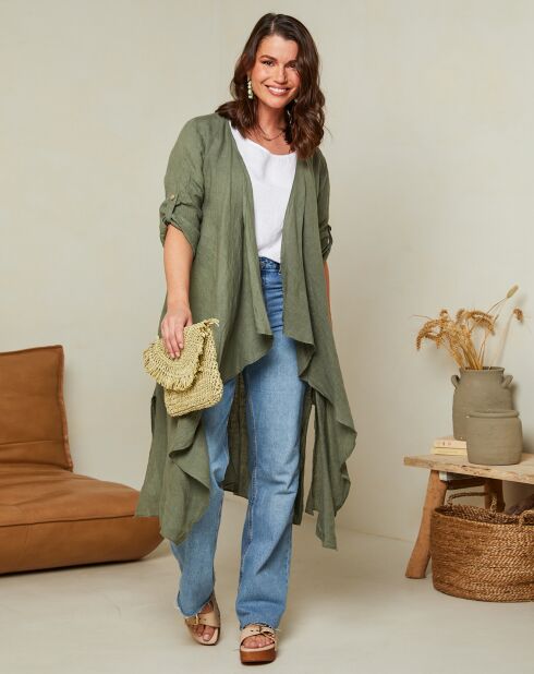 Gilet 100% Lin Isabelle vert kaki