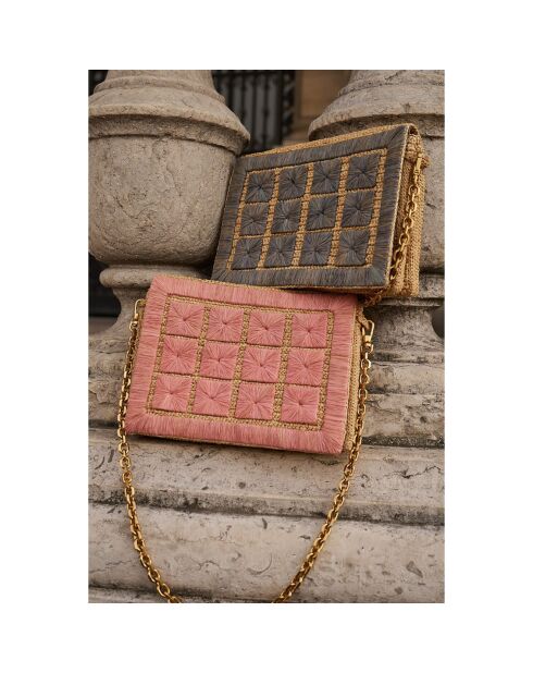 Sac brodé en Raphia Juliette rose/naturel - 15x22x3 cm
