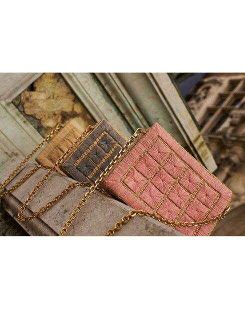 Sac brodé en Raphia Juliette rose/naturel - 15x22x3 cm