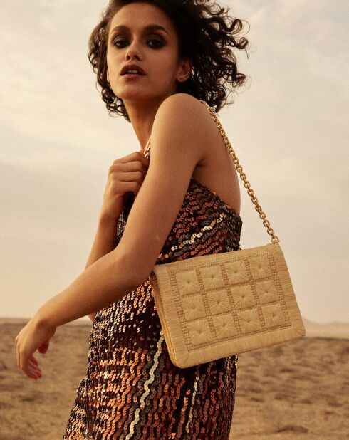 Sac brodé en Raphia Juliette naturel - 15x22x3 cm
