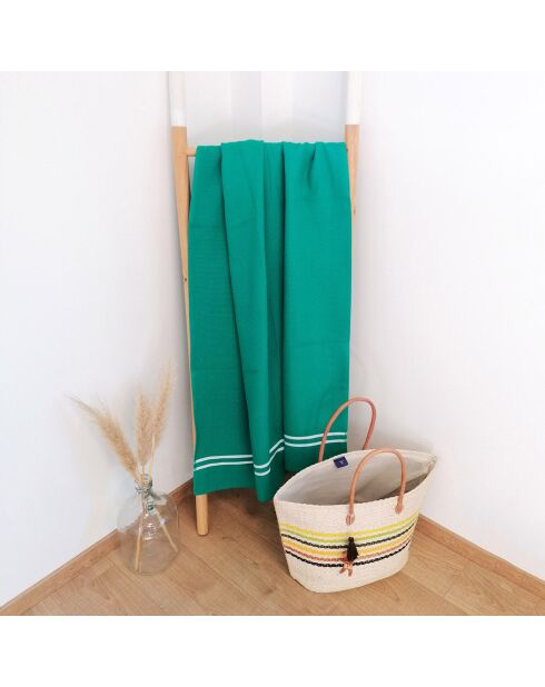 Fouta doublée en éponge  Waffle verte - 90x170 cm