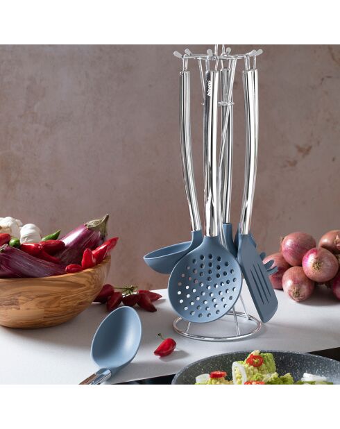 6 Ustensiles de cuisine avec support Pierre Gourmet bleu/gris