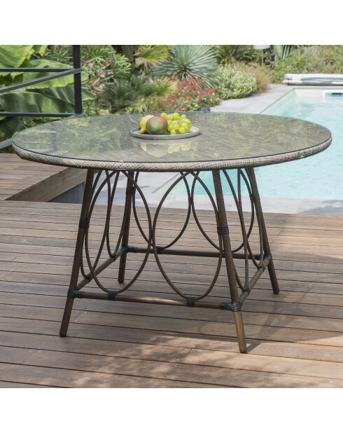 Runder Gartentisch Ushuaia aus braunem Aluminium und braun/grauem Textilene - d 125x74 cm