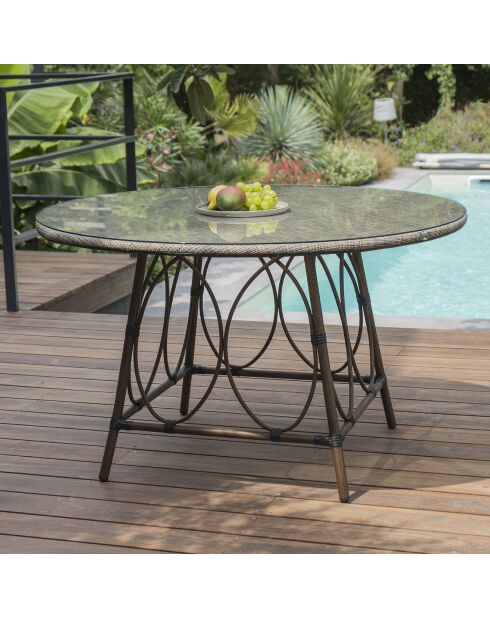 Runder Gartentisch Ushuaia aus braunem Aluminium und braun/grauem Textilene - d 125x74 cm