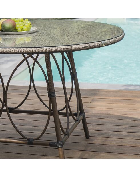 Runder Gartentisch Ushuaia aus braunem Aluminium und braun/grauem Textilene - d 125x74 cm