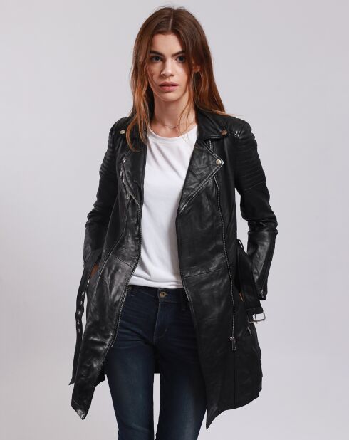 Veste en Cuir Longue Lainna noire