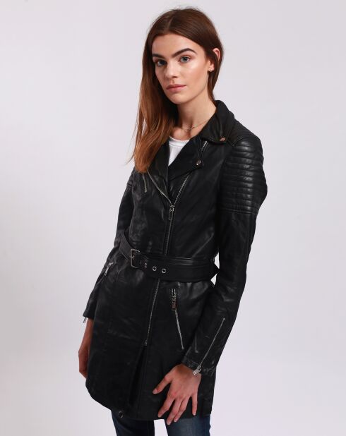 Veste en Cuir Longue Lainna noire