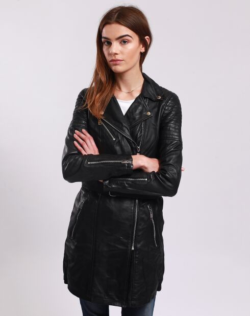 Veste en Cuir Longue Lainna noire