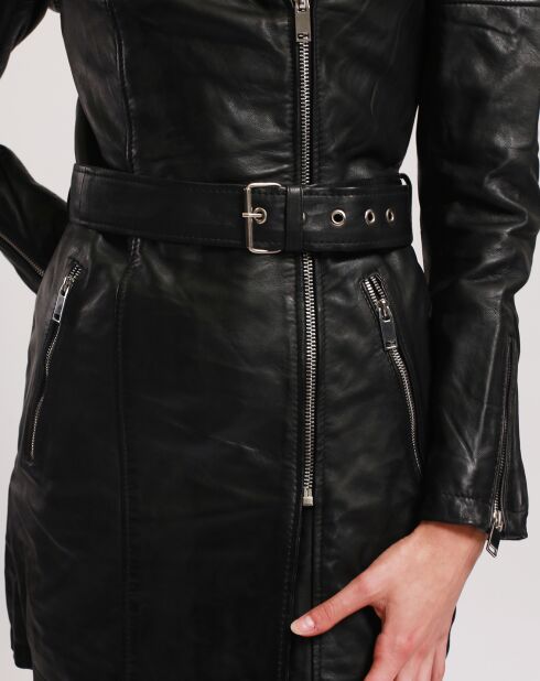 Veste en Cuir Longue Lainna noire