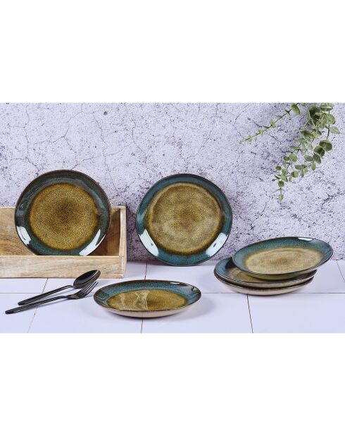 6 Assiettes en Grès Island kaki/bleu - D.20.5 cm