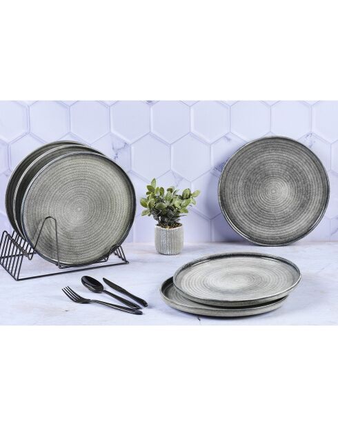 6 Assiettes plates en Grès Zen gris/bleu - D.28 cm