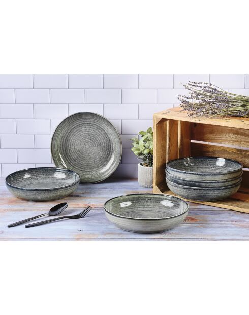 6 Assiettes creuses en Grès Zen gris/bleu - D.22.5 cm