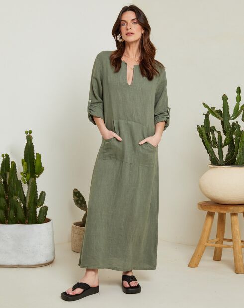 Felicie kaki jurk van 100% linnen