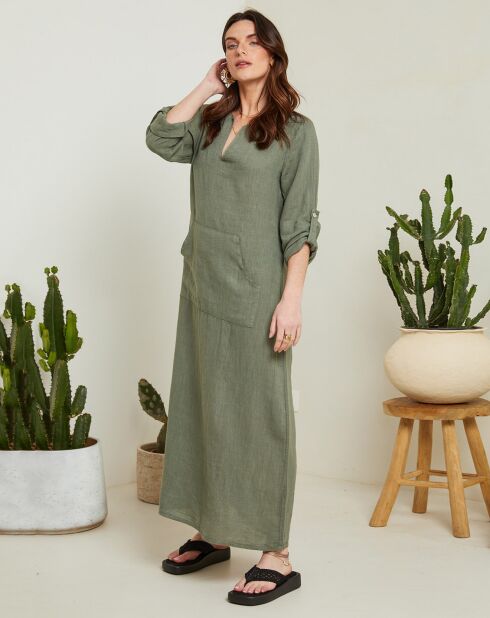 Felicie kaki jurk van 100% linnen
