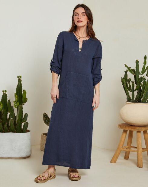 Marineblauwe jurk van 100% linnen Félicie