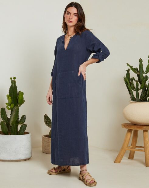 Marineblauwe jurk van 100% linnen Félicie