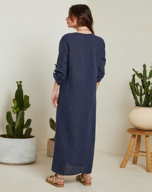 Marineblauwe jurk van 100% linnen Félicie