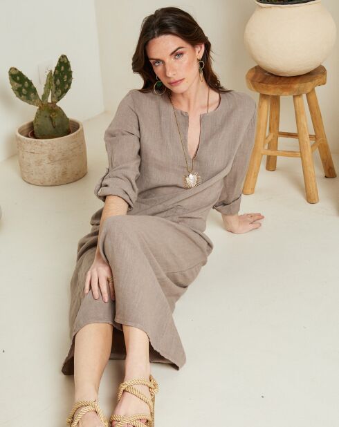 Taupefarbenes Kleid Félicie aus 100% Leinen