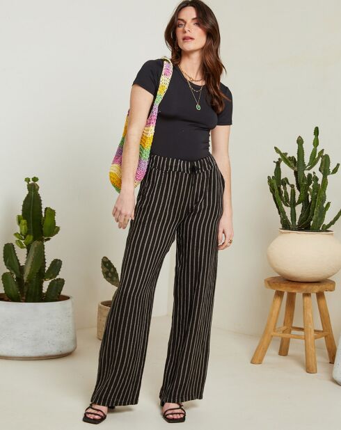 Schwarze gestreifte Hose Suzy aus 100% Leinen