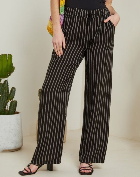 Schwarze gestreifte Hose Suzy aus 100% Leinen