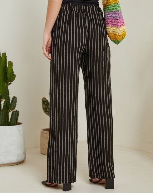 Schwarze gestreifte Hose Suzy aus 100% Leinen