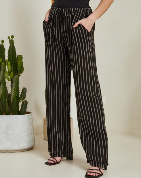 Schwarze gestreifte Hose Suzy aus 100% Leinen