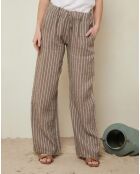 Pantalon 100% Lin suzy à rayures marron taupe