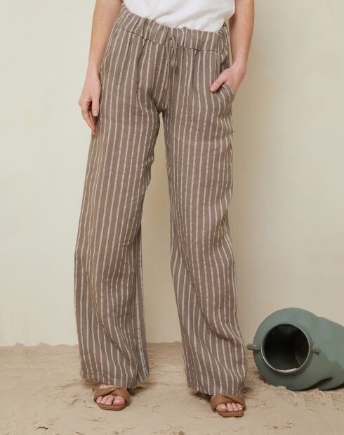 Pantalon 100% Lin suzy à rayures marron taupe