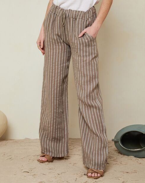Pantalon 100% Lin suzy à rayures marron taupe