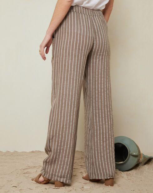 Pantalon 100% Lin suzy à rayures marron taupe