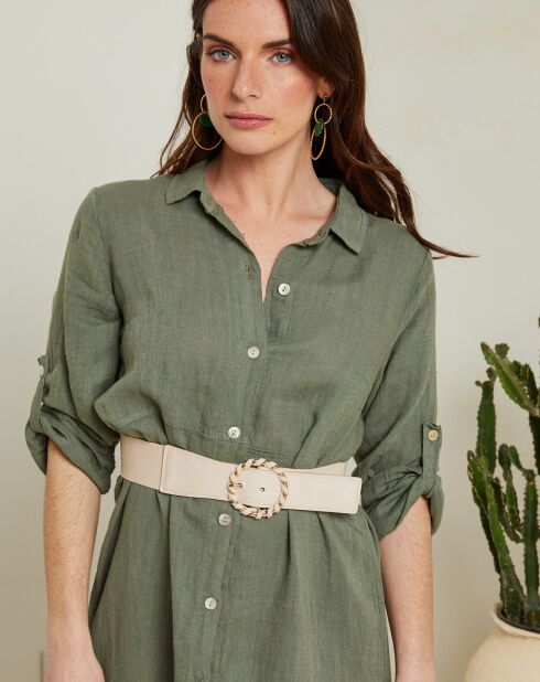 Khakigrünes Kleid Faustine aus 100% Leinen