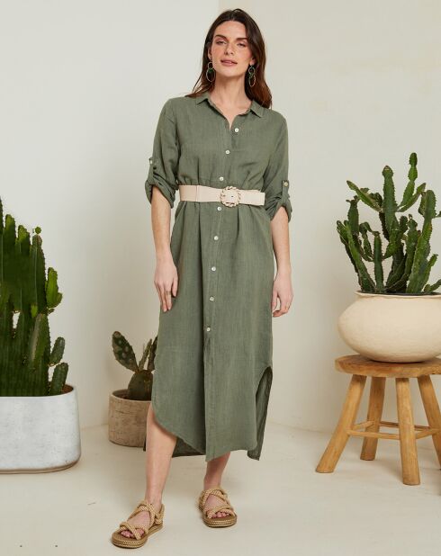 Khakigrünes Kleid Faustine aus 100% Leinen