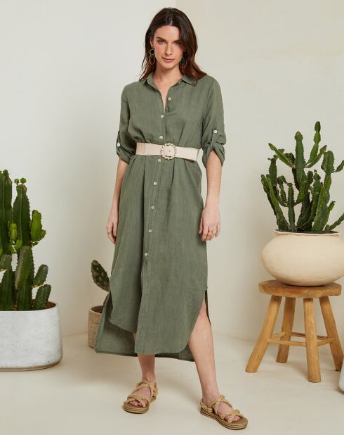 Khakigrünes Kleid Faustine aus 100% Leinen