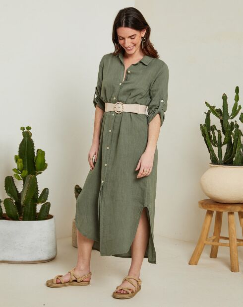 Khakigrünes Kleid Faustine aus 100% Leinen