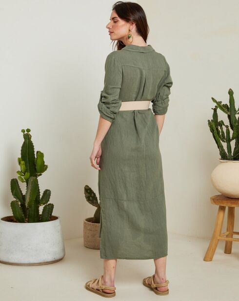 Khakigrünes Kleid Faustine aus 100% Leinen