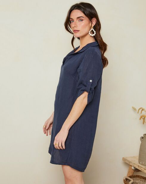 Marineblaues Kleid Emy aus 100% Leinen