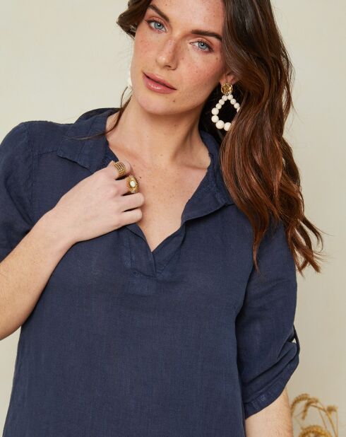 Marineblaues Kleid Emy aus 100% Leinen