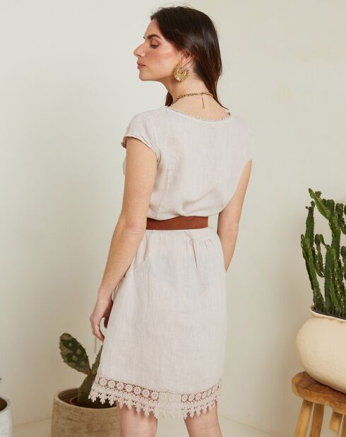 Beige kanten jurk van 100% linnen van Cath