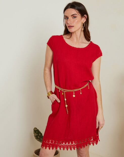 Elia rode kanten jurk van 100% linnen