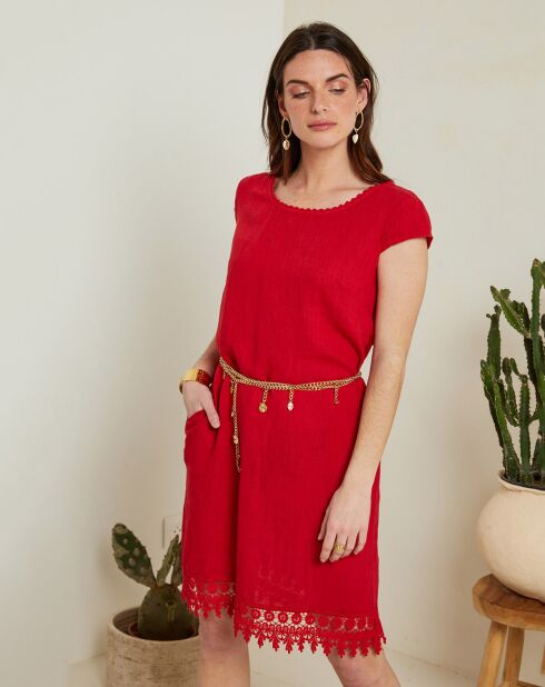Elia rode kanten jurk van 100% linnen