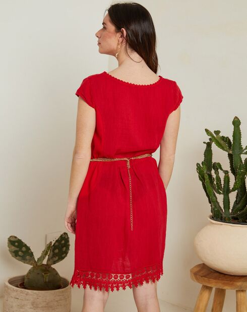 Elia rode kanten jurk van 100% linnen