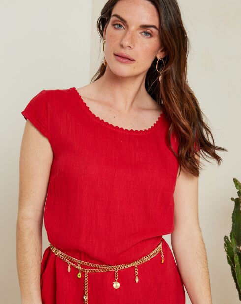 Elia rode kanten jurk van 100% linnen