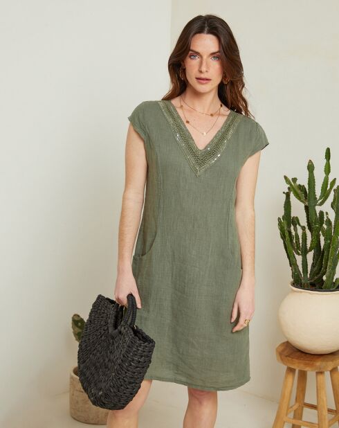 Khaki-Kleid Cath aus 100% Leinen