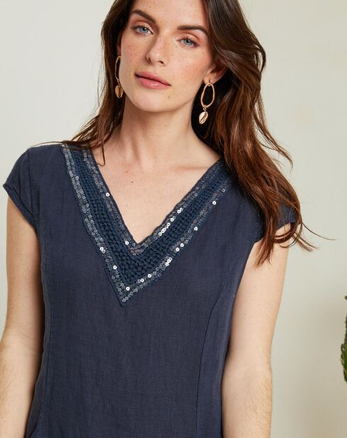 Marineblauwe jurk van 100% linnen Cath