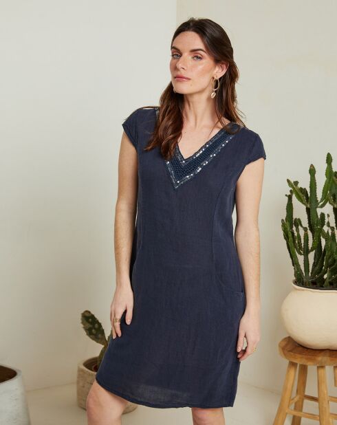 Marineblauwe jurk van 100% linnen Cath