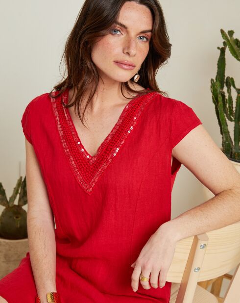 Rode jurk van 100% linnen Elina