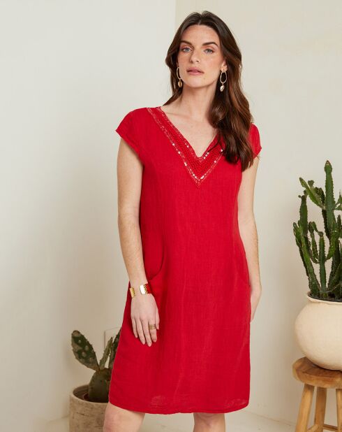 Rode jurk van 100% linnen Elina