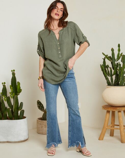 Rosa khakigrüne Bluse aus 100% Leinen