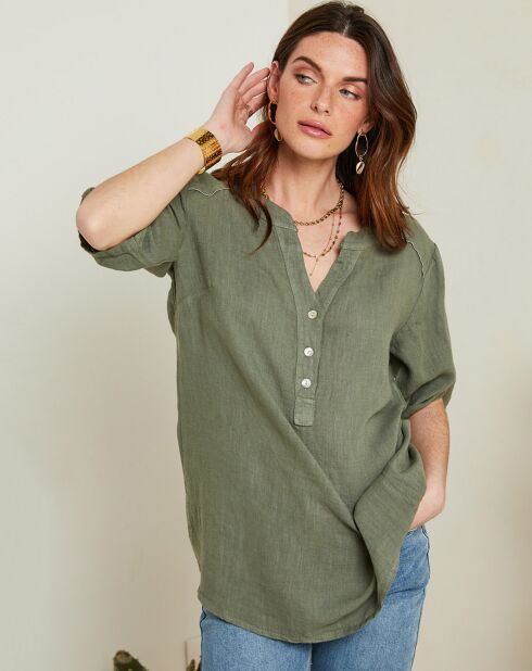 Rosa khakigrüne Bluse aus 100% Leinen